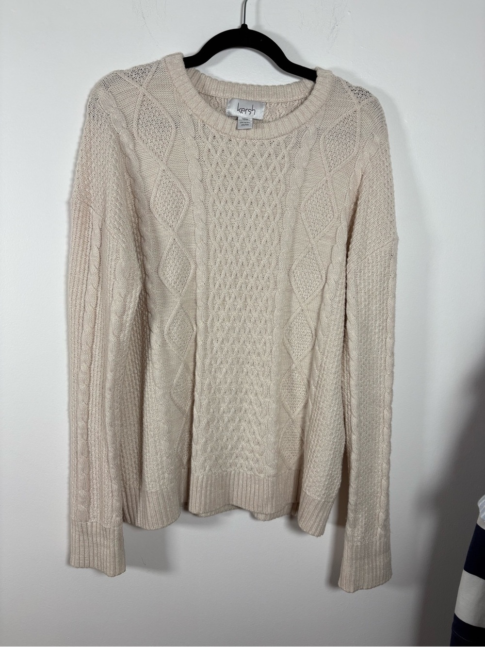 Kersh Ivory Cable Knit Crewneck Sweater